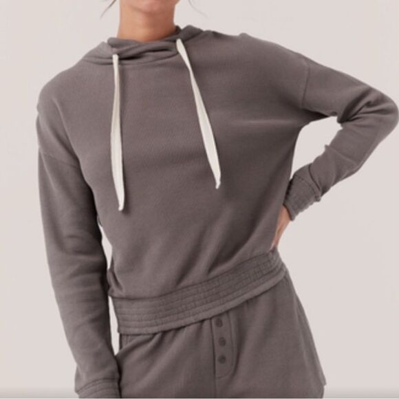 Pact Tops - Pact Waffle Thermal Pullover Hoodie Grey/Purple Organic Cotton Size Large